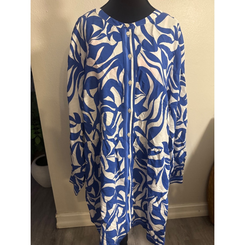LOFT Blue White Abstract Swirl Print Button Front Shirt Dress XXL SP24 760731